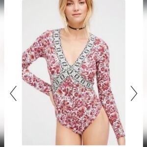 Free People white red floral nowhere to be bodysuit S P